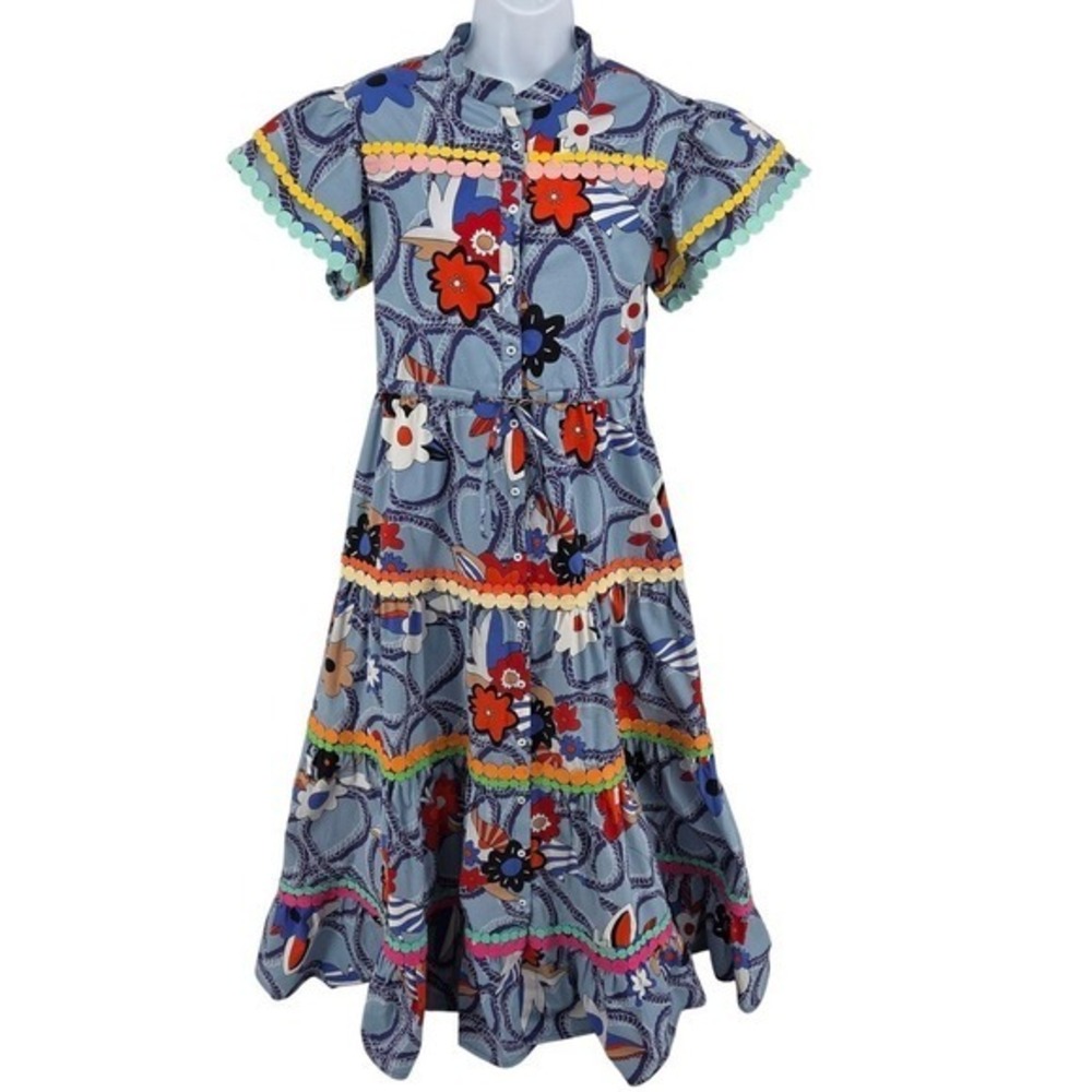 CeliaB Blue Floral Tiered Midi Nixie Dress Pom Pom‎ Trim Flutter Sleeve Medium